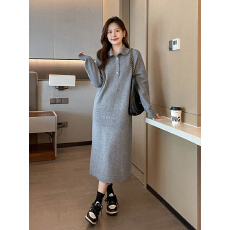 灰色半开扣高领针织连衣裙女秋冬慵懒宽松长款毛衣打底裙