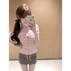 法式温柔粉色一字肩上衣女蕾丝边蝴蝶结系带修身显瘦甜妹百搭T恤