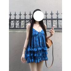 批发韩系淑女蓝色吊带上衣女学生夏季新款学院碎花设计感显白背心