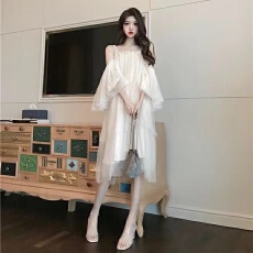 批发珍珠网纱<b class='q'>吊带</b>裙子气质一字肩仙女裙夏季新款甜美露肩连衣裙女