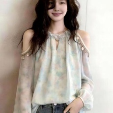 批发扎染设计感垂感<b class='q'>长袖</b>露肩巨好看漂亮衬衫女夏季<b class='q'>大码</b>胖mm显瘦雪纺衫