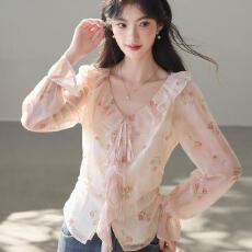 批发春夏新款碎花印花系带V领木耳边荷叶边<b class='q'>喇叭袖</b><b class='q'>雪纺衫</b>