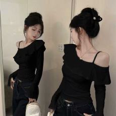 批发斜领荷叶边长袖<b class='q'>T</b><b class='q'>恤</b>女春秋新款<b class='q'>户外</b>运动健身瑜伽修身设计露肩上衣
