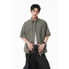 批发日系复古短袖衬衫男<b class='q'>夏</b>季宽松休闲翻领衬衣潮牌百搭上衣