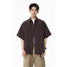 批发日系复古竖条纹短袖衬衫男<b class='q'>夏</b>季宽松休闲翻领衬衣潮牌百搭上衣