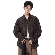 批发复古细格纹长袖衬衫男<b class='q'>春</b>秋 宽松休闲衬衣 日系复古格子上衣