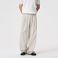 批发米色高腰阔腿裤男<b class='q'>垂</b>感宽松直筒显瘦休闲拖地<b class='q'>西装裤</b>