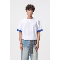 批发夏季纯棉亨利领T恤男撞色袖口宽松<b class='q'>大码</b>休闲短袖打底衫
