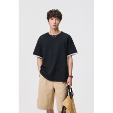 批发高棉华夫格假两件短袖T恤男夏季宽松<b class='q'>大码</b>休闲撞色边基础款上衣