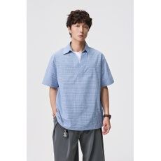批发日系复古蓝格纹半开领衬衫男<b class='q'>夏</b>季纯棉宽松短袖衬衣慵懒风休闲上衣