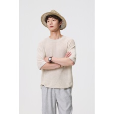 批发高级感亚麻混纺T恤男夏季宽松慵懒风透气针织半袖体恤