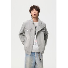 批发日系做旧灰翻领工装外套<b class='q'>男士</b> 宽松落肩夹克 春秋百搭休闲工装<b class='q'>上衣</b>