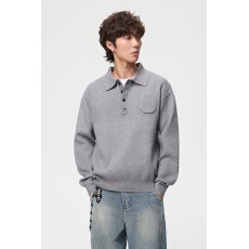 批发日系Polo领针织衫男秋季宽松半开扣翻领毛衣简约休闲口袋长袖上衣