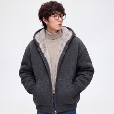 复古杂色针织感连帽外套男秋冬内里毛绒加厚宽松休闲拉链卫衣开衫