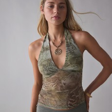 批发新款法式辣妹系带挂脖上衣女性感修身气质微透网纱<b class='q'>镂空</b>扎染上衣