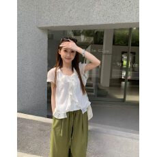 批发韩系<b class='q'>甜美</b>少女风荷叶边衬衫搭吊带女夏短袖宽松百搭上衣两件套