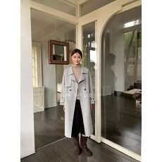 批发韩版风衣式双面呢大衣女<b class='q'>秋</b>冬长款收腰系带大翻领气质毛呢外套女