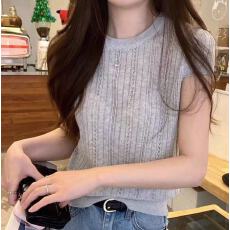 批发简约百搭圆领镂空针织短袖上衣女