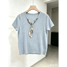 批发夏季简约百搭复古丝巾款V领减龄短袖上衣女