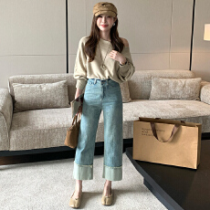 批发四季新款修身百搭怀旧绿牛仔直筒九<b class='q'>分</b><b class='q'>裤</b>女毛边设计拼接牛仔<b class='q'>裤</b>女