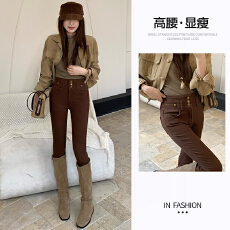 批发新款弹力修身百搭牛仔<b class='q'>小脚裤</b>女咖啡色排扣高腰弹力九分