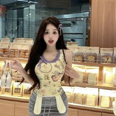 批发甜美设计感蝴蝶结印花<b class='q'>吊带</b><b class='q'>背心</b>女夏季撞色<b class='q'>露</b><b class='q'>脐</b>辣妹上衣女