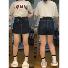 批发深蓝色高腰牛仔短裙女夏季新款大码胖mm小个子显瘦遮肚a字半身裙