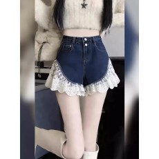 批发美式大码高腰蕾丝拼接牛仔短裤女2026夏新款胖MM宽松花边阔腿短裤