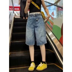 批发大码复古a字五分牛仔短裤女夏季新款胖mm高腰遮胯显瘦阔腿中裤