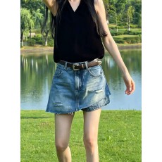 批发时尚洋气假两件牛仔<b class='q'>裙裤</b>女新款夏季超火磨破设计短裙显瘦A字裤裙
