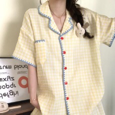 批发【树皮皱】格子<b class='q'>睡衣</b>女夏季2026新款花边短袖舒适亲肤学生家居服套