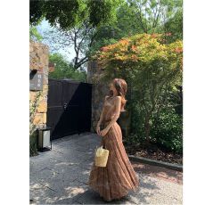 批发复古格纹无袖背心<b class='q'>连衣裙</b>女夏季气质修身大摆长裙显瘦收腰a字裙子
