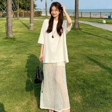 批发简单大方的蕾丝拼接假两件连衣裙女夏季轻奢高级感休闲慵懒风<b class='q'>长裙</b>