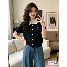 批发韩系通勤风条纹娃娃领针织T恤女<b class='q'>夏</b>季米杏色修身显瘦短袖开衫上衣