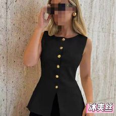 批发甜美韩系立体无袖亚马逊跨境外贸欧美女装时尚街头单排扣毛衣马甲