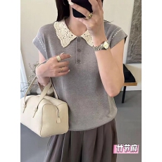 批发26夏季新款欧货镂空娃娃领短袖针织衫<b class='q'>女</b>宽松显瘦飞飞袖T恤上衣