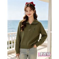 批发翻领小马刺绣半拉链毛衣女秋季25新款套头宽松半高领针织衫上衣