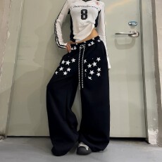 批发<b class='q'>韩版</b>复古星星印花直筒休闲卫裤男女宽松阔腿百搭抽绳松紧腰长裤潮