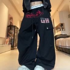美式复古字母印花运动卫裤男女慵懒风阔腿休闲长裤