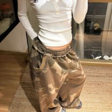 批发纯棉华棉美式复古迷彩工装裤女2026春高腰宽松休闲直筒阔腿裤子