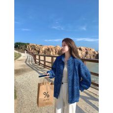 批发美式复古蓝色豹纹翻领外套女2026春秋新款宽松休闲百搭开衫上衣潮