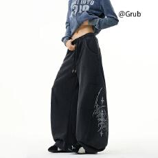 批发重磅hiphop运动厚棉裤<b class='q'>男</b>女夏美式潮牌印花微喇长裤复古宽松拖地裤