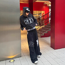 战马刺绣双面穿多腰头黑色宽松baggy卫裤男女美式高级感阔腿长裤