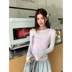 批发260克人棉莫代尔 <b class='q'>碎花</b>假两件系带长袖T恤女修身内搭打底衫<b class='q'>上衣</b>