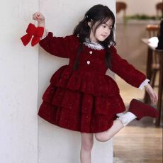 甜美红色元旦蛋糕裙小女孩层次感韩版女童2026冬季新年款公主裙子