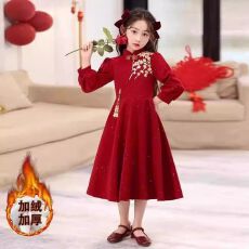 女童礼服红色中国风演出服主持人长袖连衣裙秋冬儿童拜年服公主裙