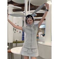 批发CVC面料 原版做工 兔耳朵短袖开衫外套印花可爱休闲风上衣女