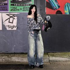 批发原版梭织面料 原版做工纽扣 高级感一字肩格子<b class='q'>衬衫</b>女小众休闲上衣