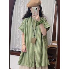 批发原版梭织面料 原版做工 绿色条纹衬衫<b class='q'>女</b>夏季<b class='q'>短袖</b>长款休闲风衬衣