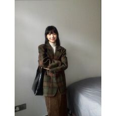 批发【清货】原版面料原版做工 复古墨绿格纹毛呢西装<b class='q'>外套</b>女秋冬款女